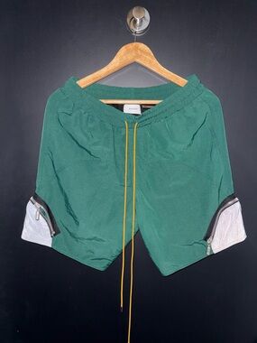 Rhude Green Athletic Shorts with Yellow Drawstring